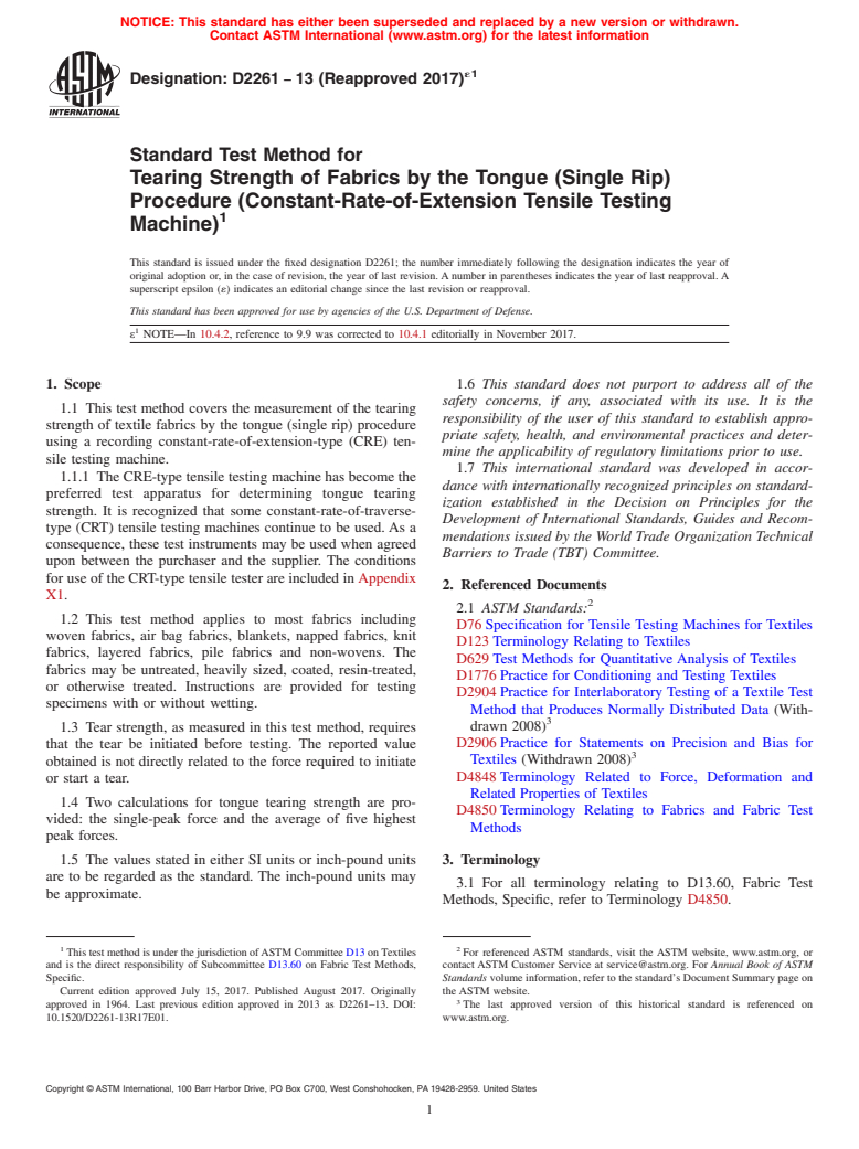 ASTM D2261-13(2017)e1 - Standard Test Method for  Tearing Strength of Fabrics by the Tongue (Single Rip) Procedure  (Constant-Rate-of-Extension Tensile Testing Machine)