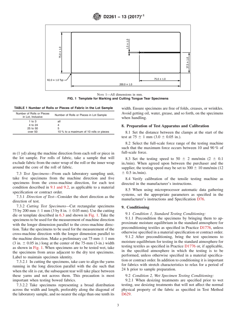 ASTM D2261-13(2017)e1 - Standard Test Method for  Tearing Strength of Fabrics by the Tongue (Single Rip) Procedure  (Constant-Rate-of-Extension Tensile Testing Machine)