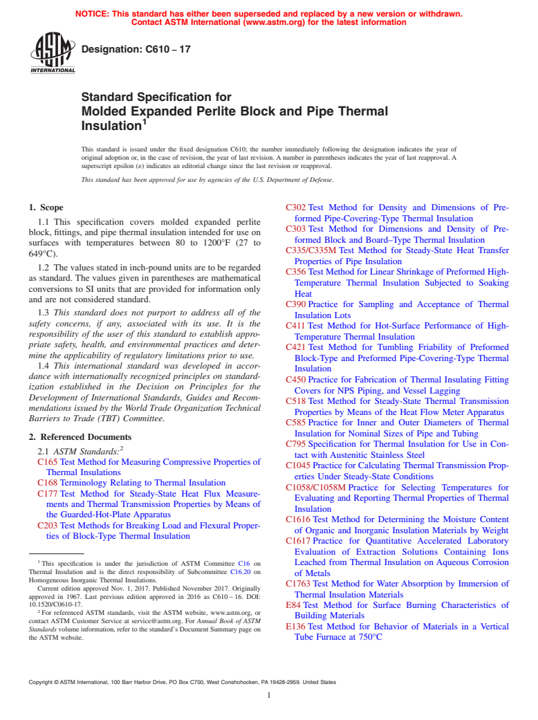 ASTM C610-17 - Standard Specification for  Molded Expanded Perlite Block and Pipe Thermal Insulation