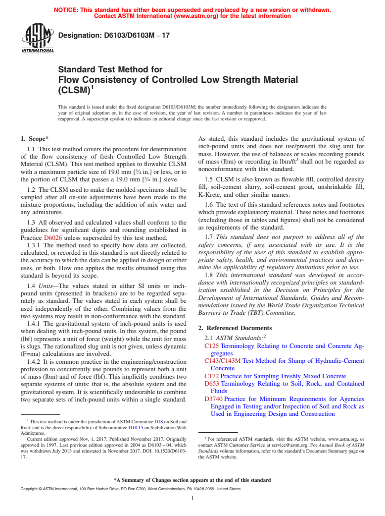 ASTM D6103/D6103M-17 - Standard Test Method for  Flow Consistency of Controlled Low Strength Material (CLSM)