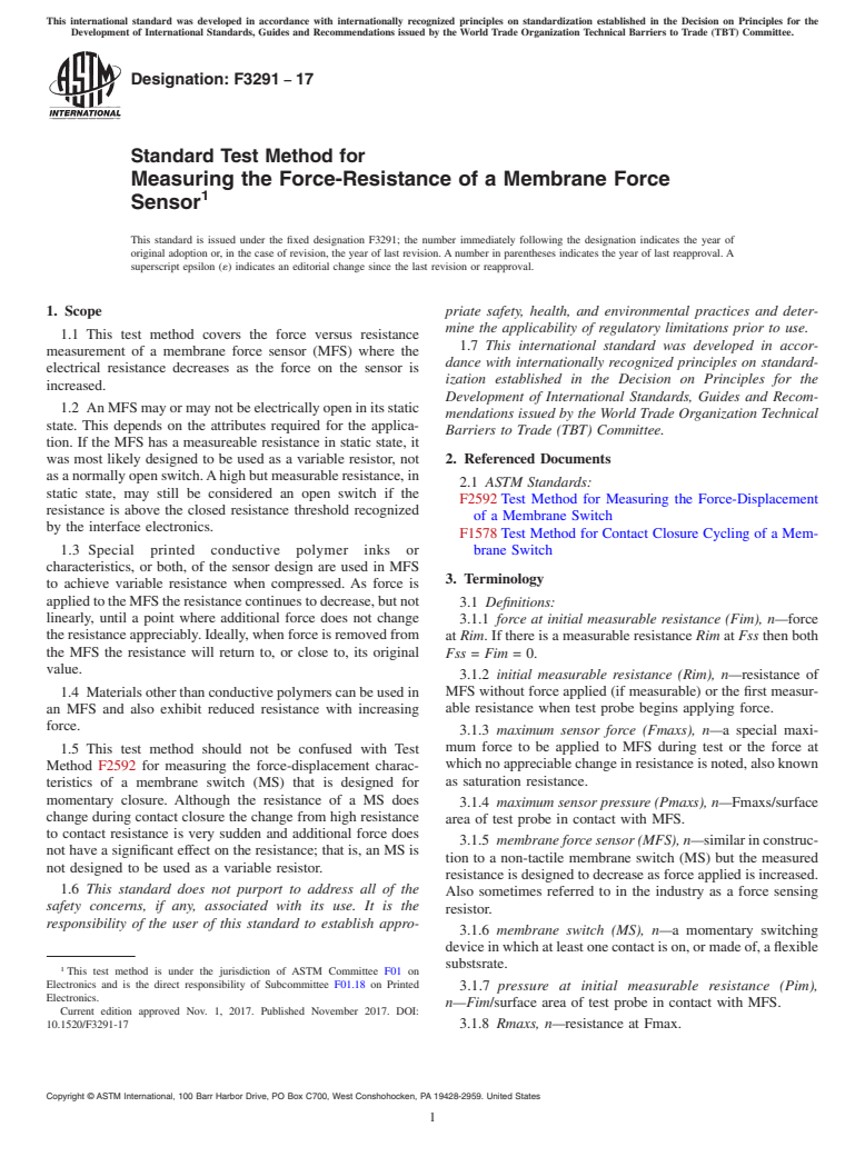 ASTM F3291-17 - Standard Test Method for Measuring the Force-Resistance of a Membrane Force Sensor