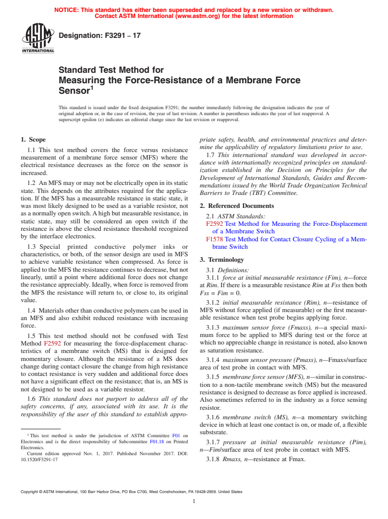 ASTM F3291-17 - Standard Test Method for Measuring the Force-Resistance of a Membrane Force Sensor (Withdrawn 2023)