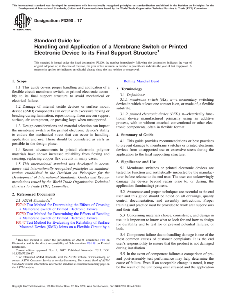 ASTM F3290-17 - Standard Guide for Handling and Application of a Membrane Switch or Printed Electronic  Device to its Final Support Structure