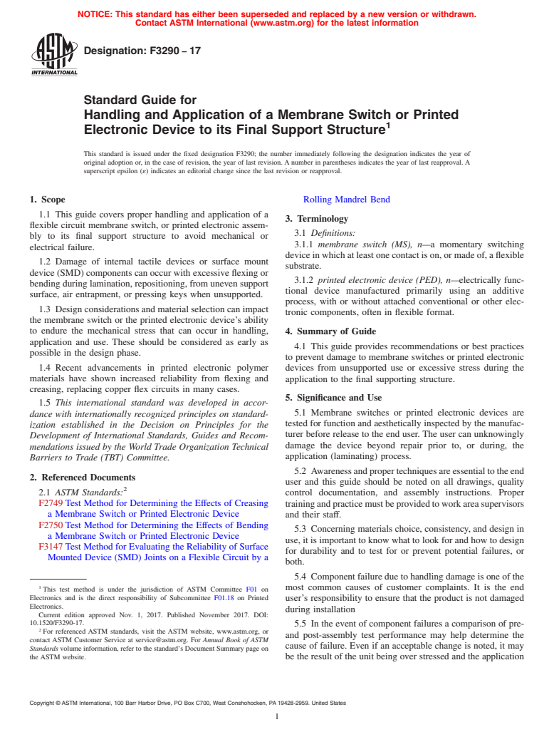 ASTM F3290-17 - Standard Guide for Handling and Application of a Membrane Switch or Printed Electronic  Device to its Final Support Structure (Withdrawn 2023)