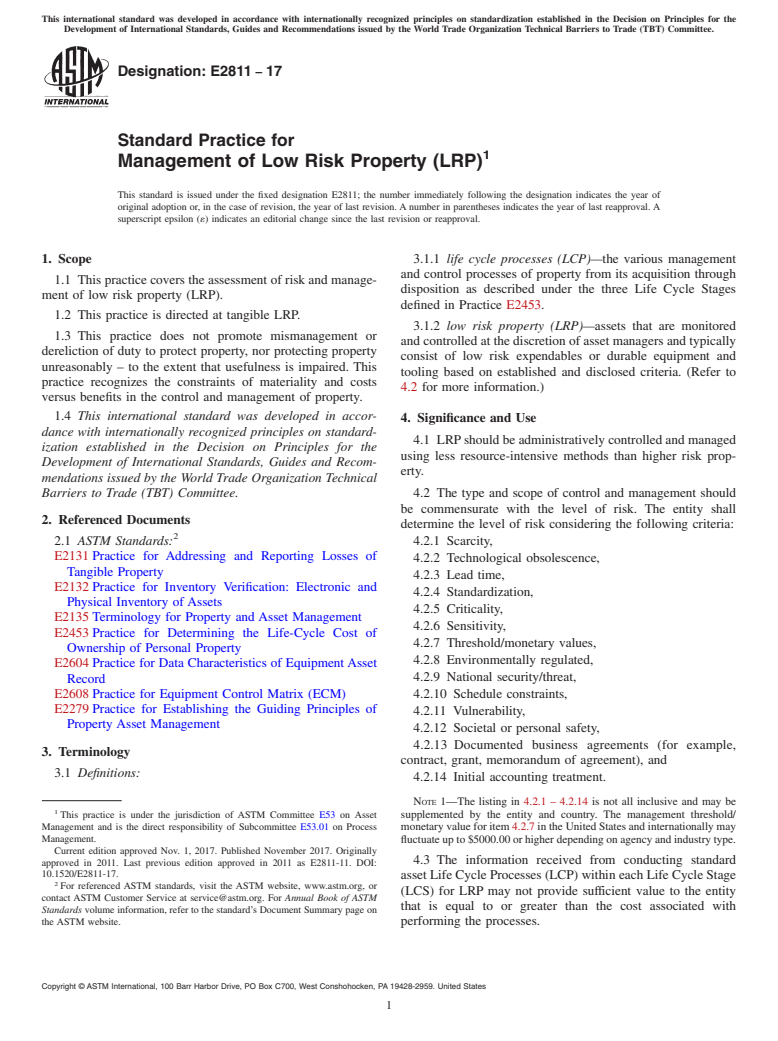 ASTM E2811-17 - Standard Practice for Management of Low Risk Property (LRP)