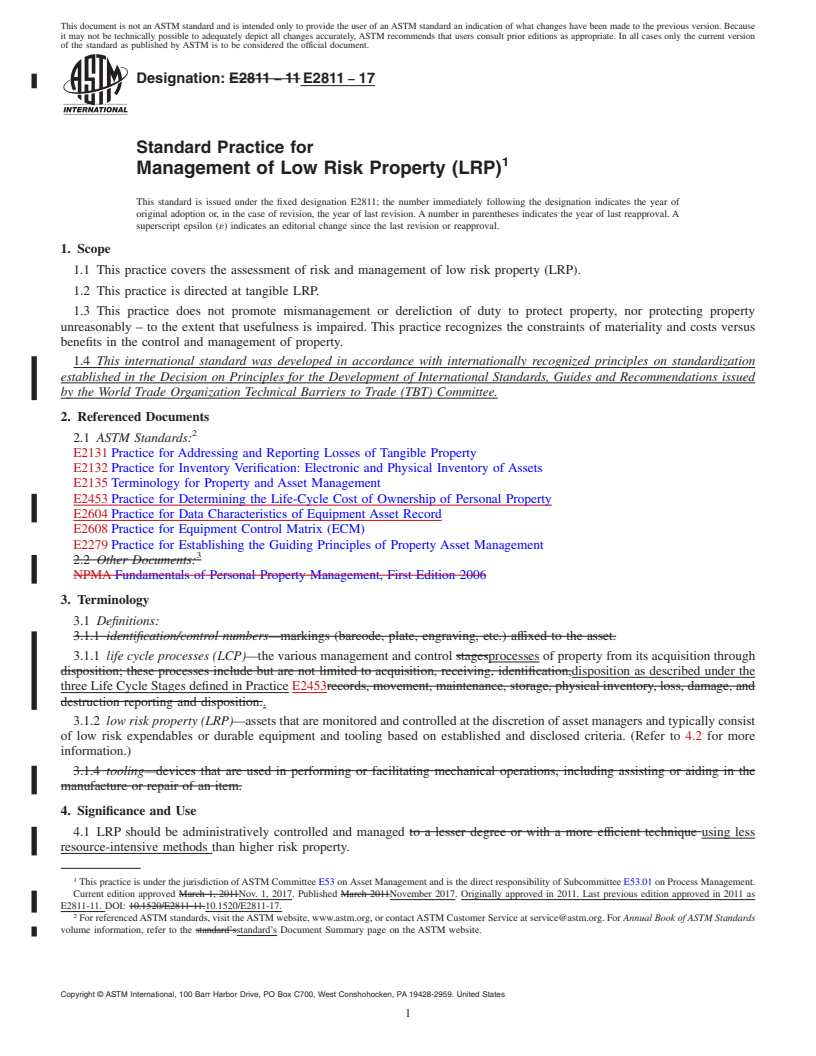 REDLINE ASTM E2811-17 - Standard Practice for Management of Low Risk Property (LRP)