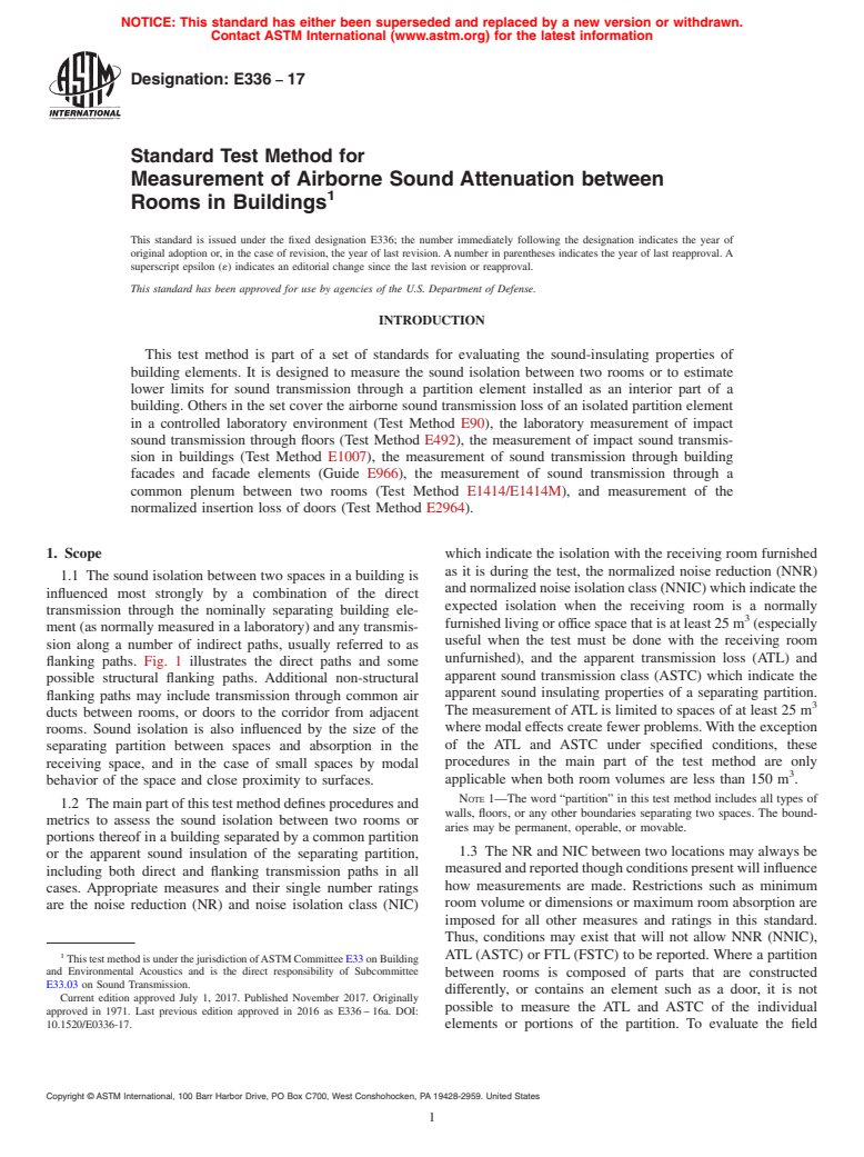 ASTM E336-17 - Standard Test Method for  Measurement of Airborne Sound Attenuation between Rooms in  Buildings