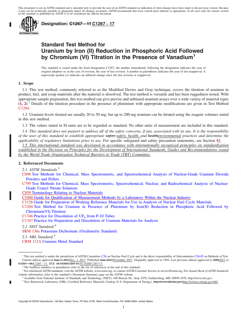 REDLINE ASTM C1267-17 - Standard Test Method for  Uranium by Iron (II) Reduction in Phosphoric Acid Followed  by Chromium (VI) Titration in the Presence of Vanadium