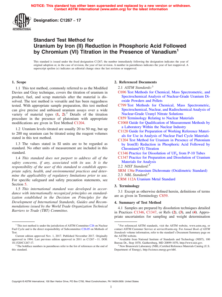 ASTM C1267-17 - Standard Test Method for  Uranium by Iron (II) Reduction in Phosphoric Acid Followed  by Chromium (VI) Titration in the Presence of Vanadium