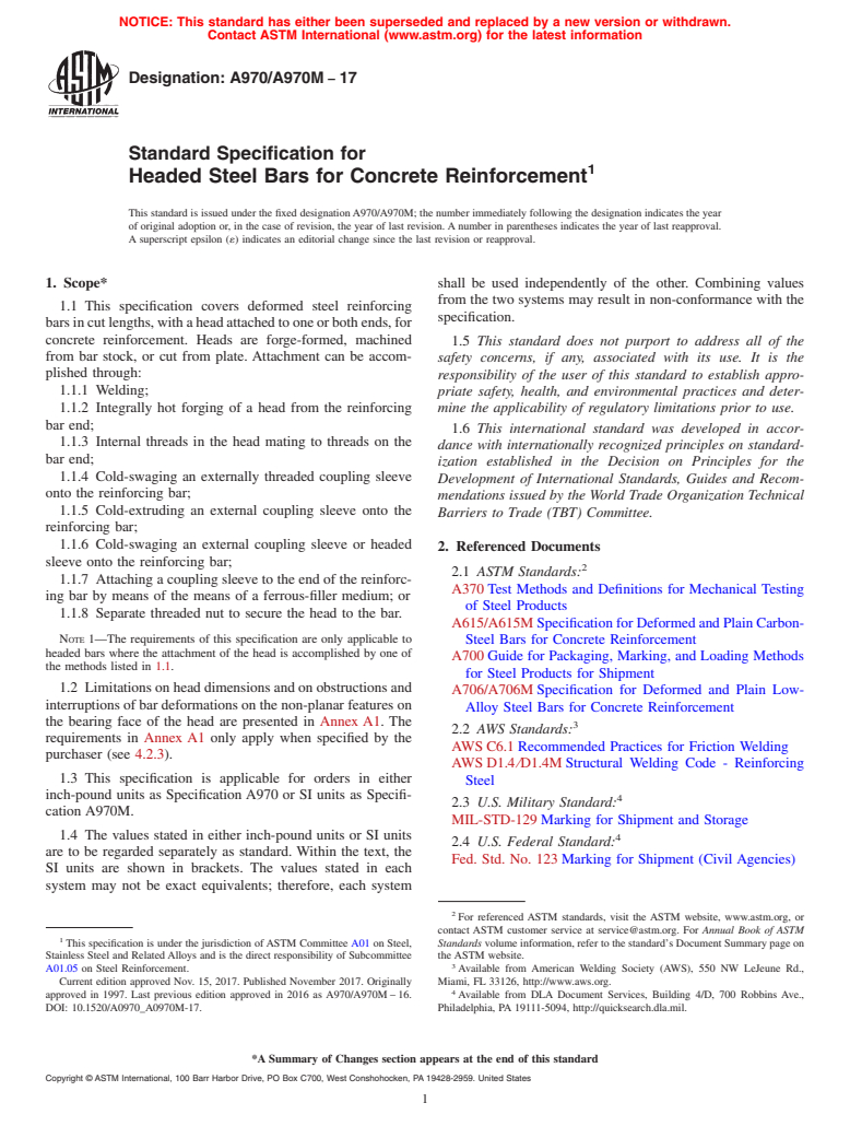 ASTM A970/A970M-17 - Standard Specification for  Headed Steel Bars for Concrete Reinforcement