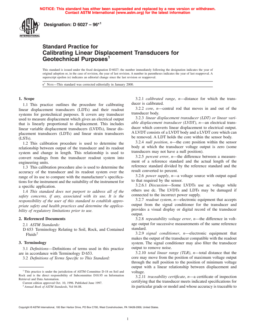 ASTM D6027-96e1 - Standard Test Method for Calibrating Linear Displacement Transducers for Geotechnical Purposes