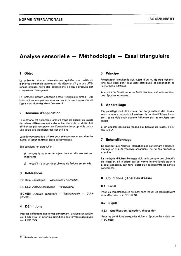 ISO 4120:1983 - Analyse sensorielle -- Méthodologie -- Essai triangulaire