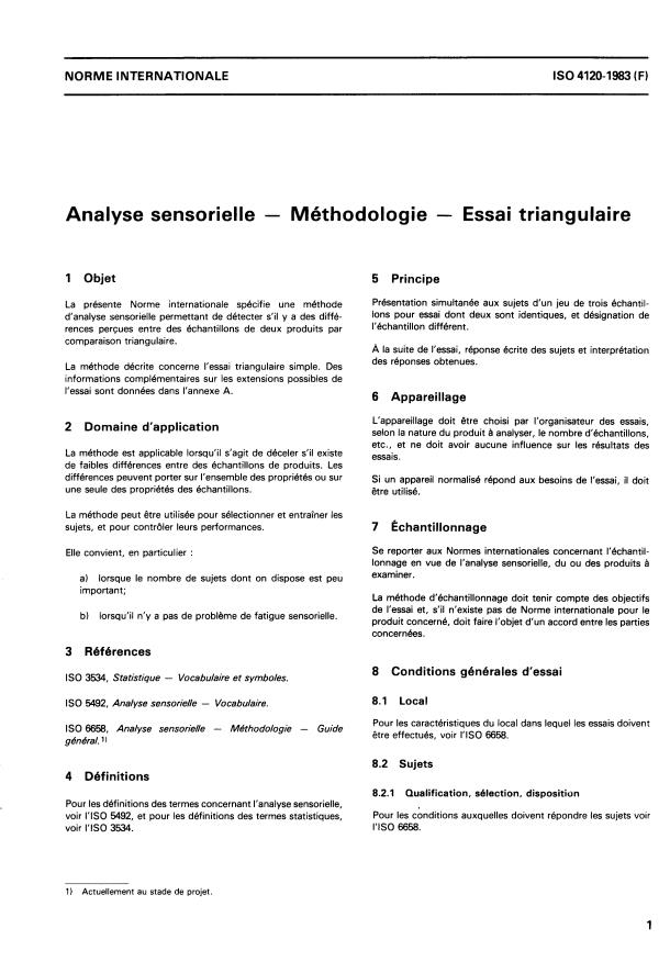 ISO 4120:1983 - Analyse sensorielle -- Méthodologie -- Essai triangulaire