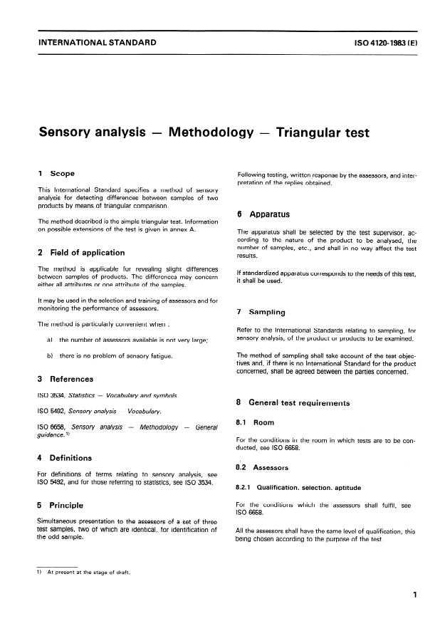 ISO 4120:1983 - Sensory analysis -- Methodology -- Triangular test