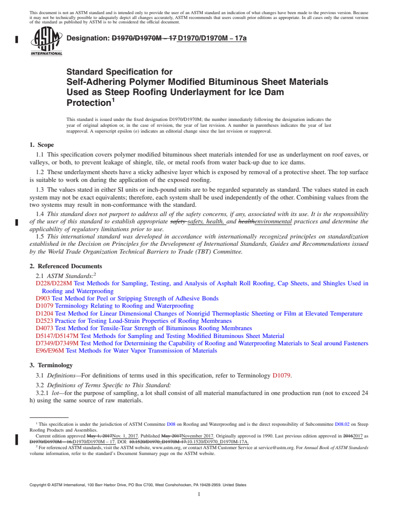 REDLINE ASTM D1970/D1970M-17a - Standard Specification for  Self-Adhering Polymer Modified Bituminous Sheet Materials Used   as Steep Roofing Underlayment for Ice Dam Protection