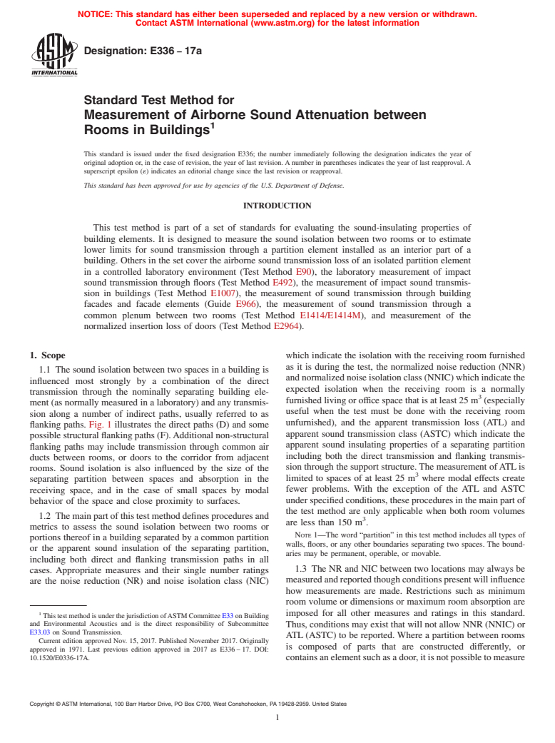 ASTM E336-17a - Standard Test Method for  Measurement of Airborne Sound Attenuation between Rooms in  Buildings