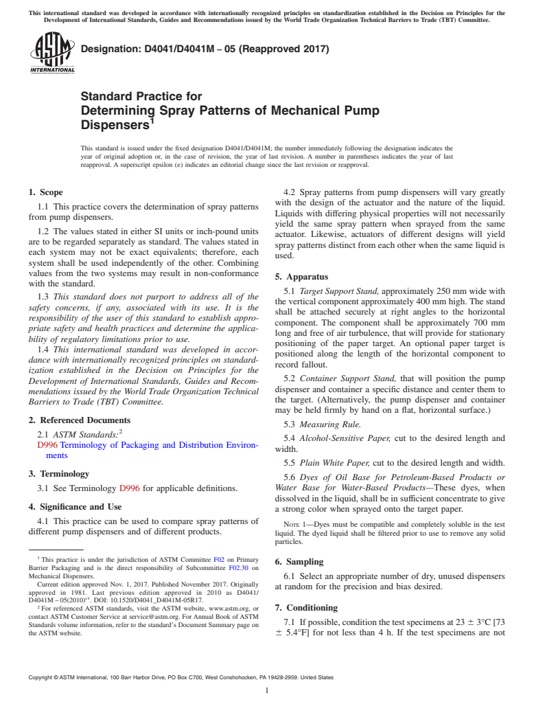 ASTM D4041/D4041M-05(2017) - Standard Practice for  Determining Spray Patterns of Mechanical Pump Dispensers