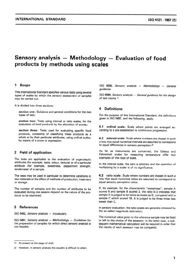 ISO 4121:1987 - Sensory analysis -- Methodology -- Evaluation of food products by methods using scales