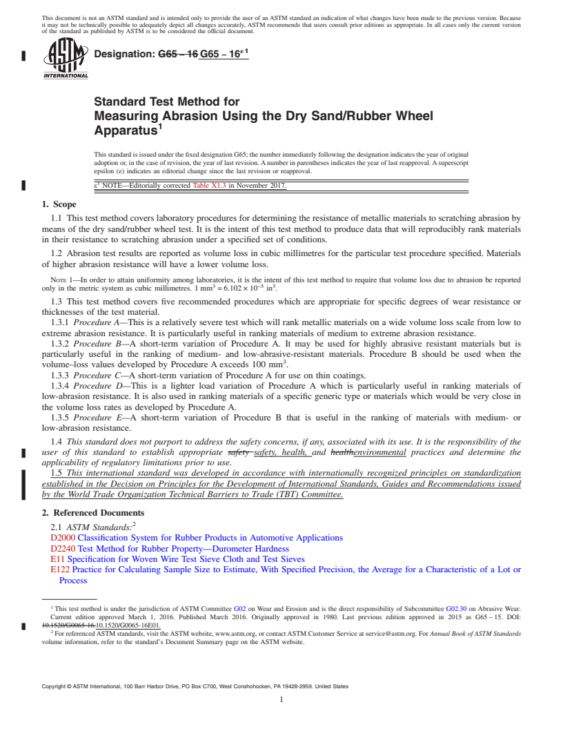 REDLINE ASTM G65-16e1 - Standard Test Method for Measuring Abrasion Using the Dry Sand/Rubber Wheel Apparatus