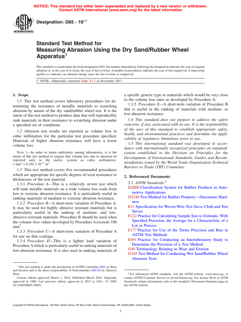 ASTM G65-16e1 - Standard Test Method for Measuring Abrasion Using the Dry Sand/Rubber Wheel Apparatus