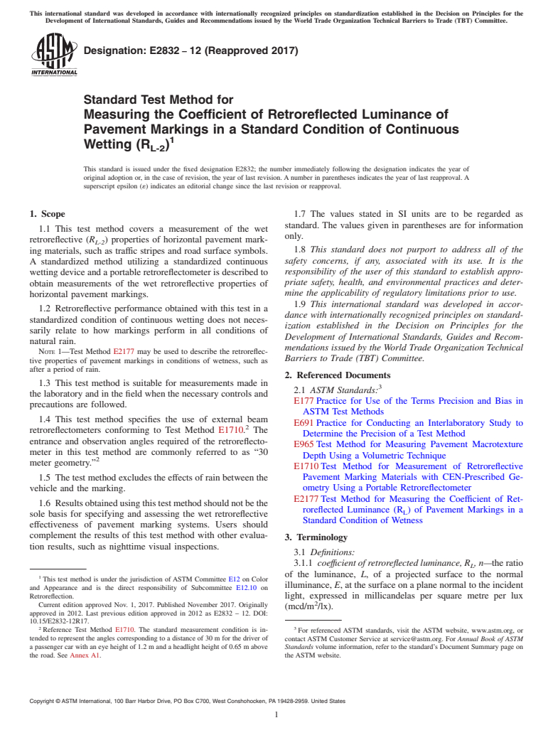 ASTM E2832-12(2017) - Standard Test Method for Measuring the Coefficient of Retroreflected Luminance of Pavement  Markings in a Standard Condition of Continuous Wetting (R<inf>L-2</inf  >)