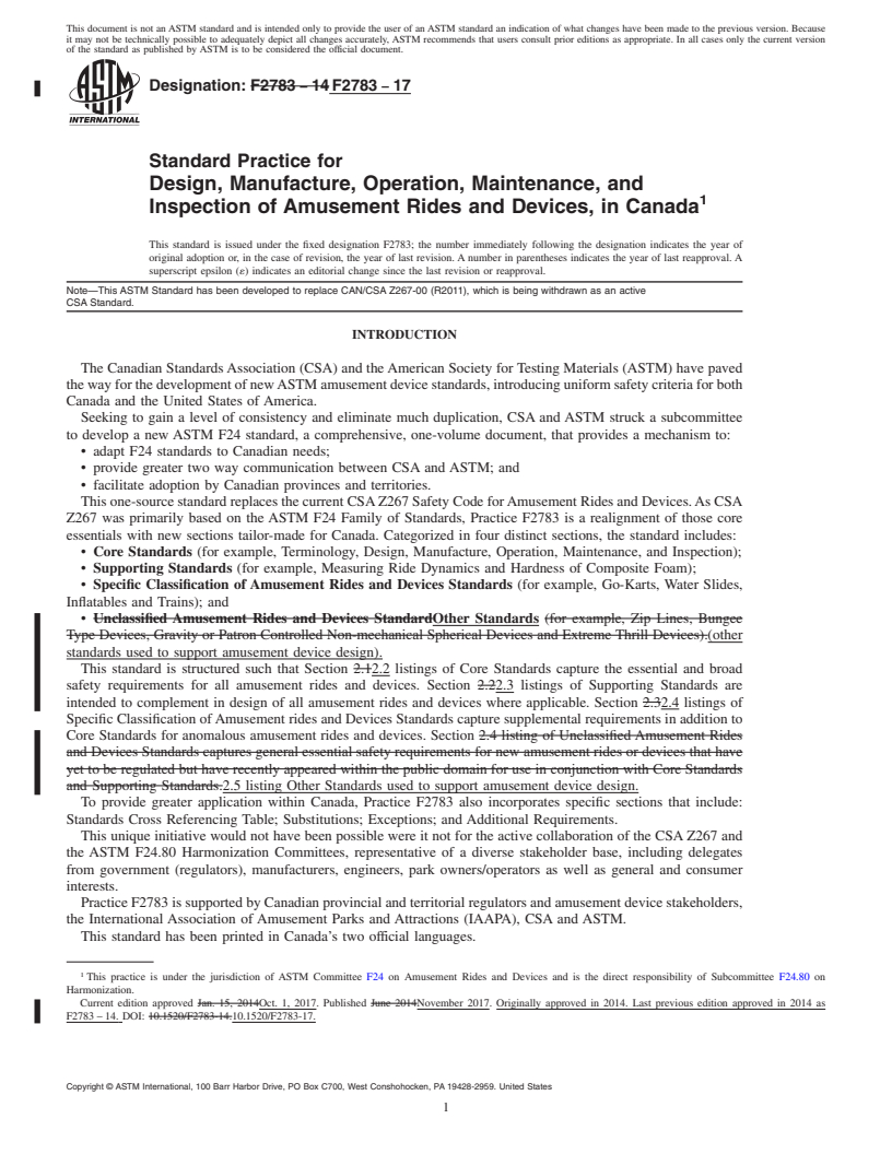 REDLINE ASTM F2783-17 - Standard Practice for Design, Manufacture, Operation, Maintenance, and Inspection  of Amusement Rides and Devices, in Canada