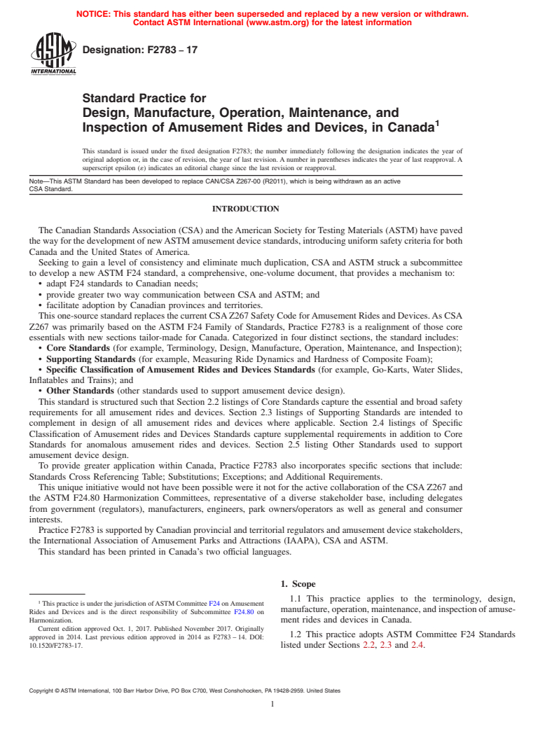 ASTM F2783-17 - Standard Practice for Design, Manufacture, Operation, Maintenance, and Inspection  of Amusement Rides and Devices, in Canada