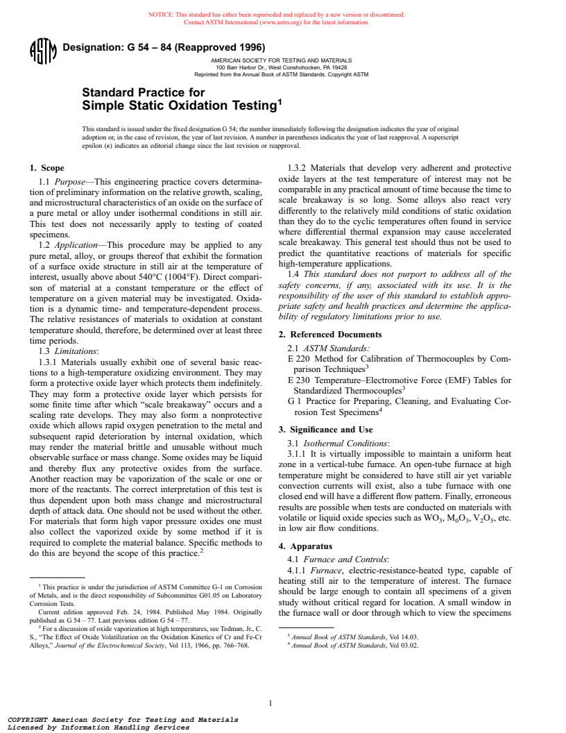 ASTM G54-84(1996) - Standard Practice for Simple Static Oxidation Testing (Withdrawn 2002)