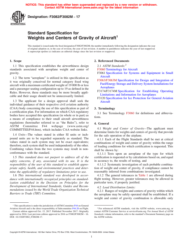 ASTM F3082/F3082M-17 - Standard Specification for Weights and Centers of Gravity of Aircraft