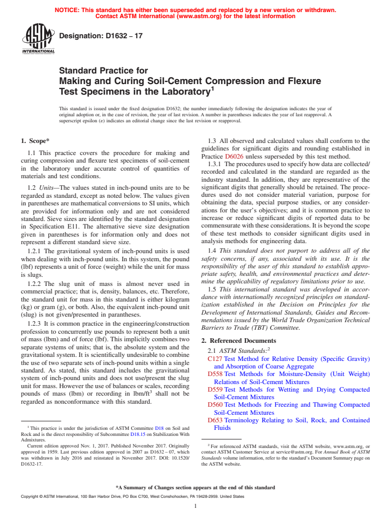 ASTM D1632-17 - Standard Practice for  Making and Curing Soil-Cement Compression and Flexure Test  Specimens in the Laboratory