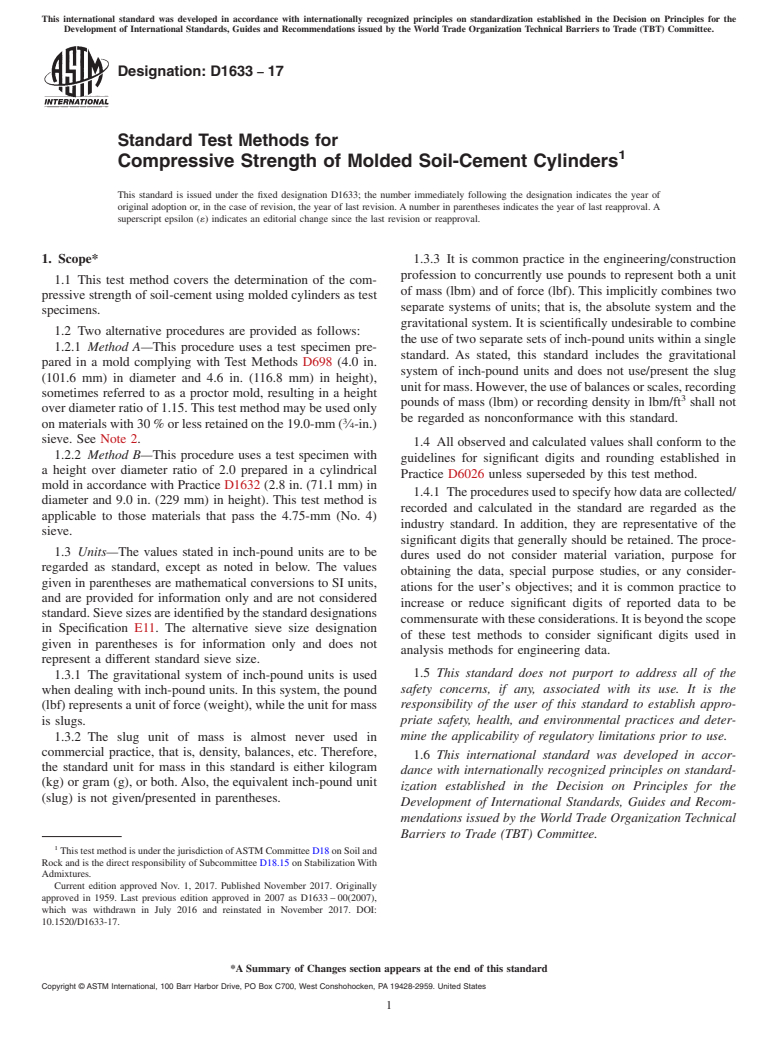 ASTM D1633-17 - Standard Test Methods for Compressive Strength of Molded Soil-Cement Cylinders
