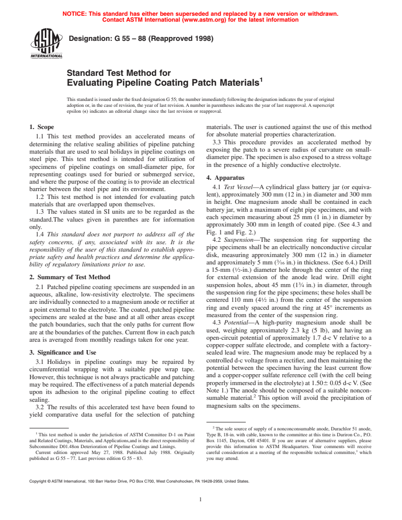 ASTM G55-88(1998) - Standard Test Method for Evaluating Pipeline Coating Patch Materials (Withdrawn 2007)