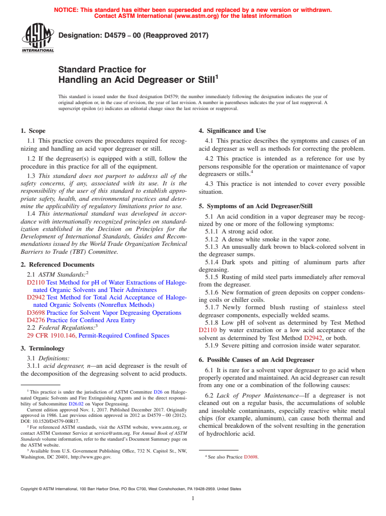 ASTM D4579-00(2017) - Standard Practice for Handling an Acid Degreaser or Still