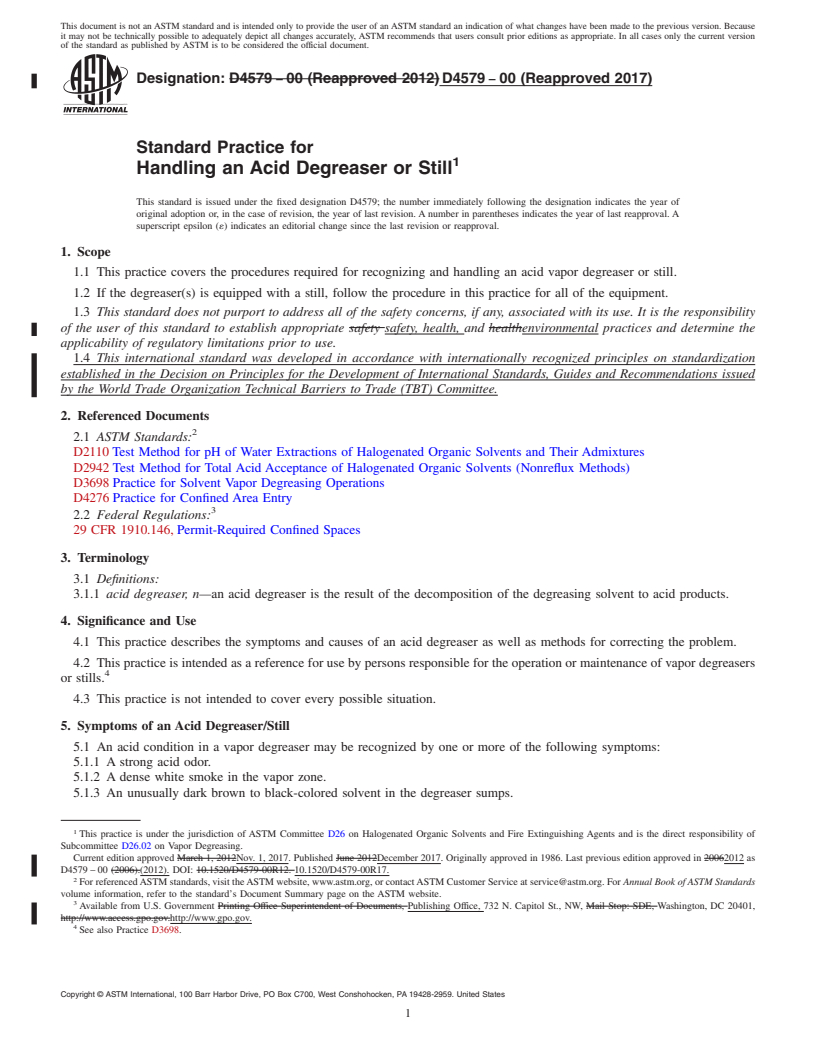 REDLINE ASTM D4579-00(2017) - Standard Practice for Handling an Acid Degreaser or Still