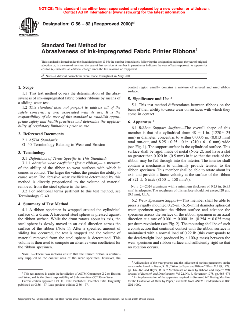 ASTM G56-82(2000)e1 - Standard Test Method for Abrasiveness of Ink-Impregnated Fabric Printer Ribbons