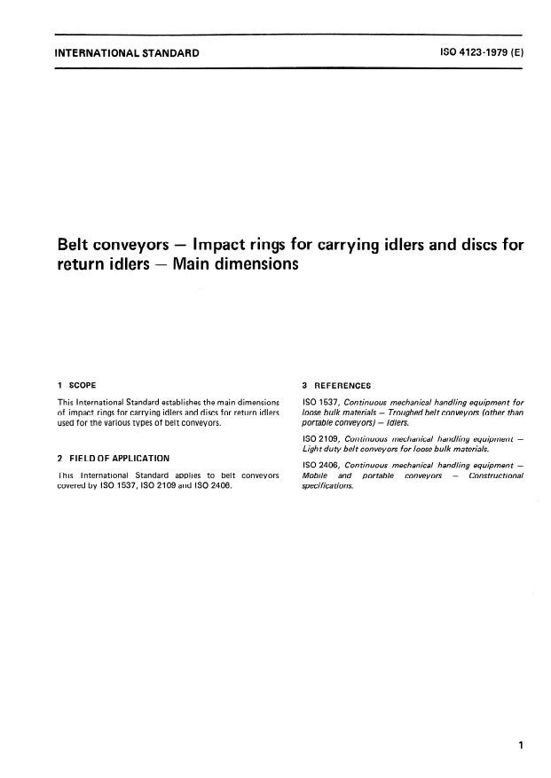 ISO 4123:1979 - Belt conveyors -- Impact rings for carrying idlers and discs for return idlers -- Main dimensions