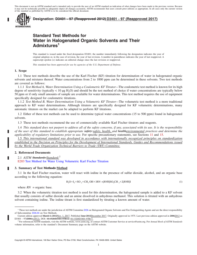 REDLINE ASTM D3401-97(2017) - Standard Test Methods for Water in Halogenated Organic Solvents and Their Admixtures