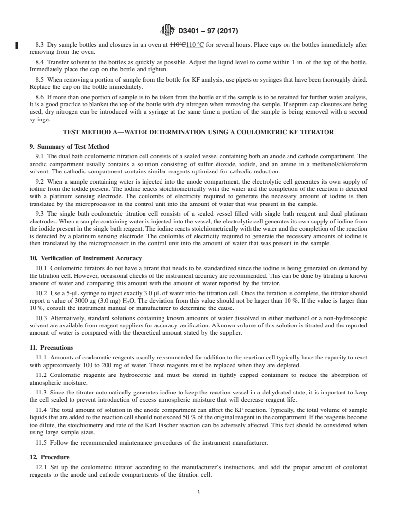 REDLINE ASTM D3401-97(2017) - Standard Test Methods for Water in Halogenated Organic Solvents and Their Admixtures