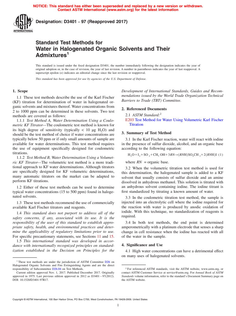 ASTM D3401-97(2017) - Standard Test Methods for Water in Halogenated Organic Solvents and Their Admixtures