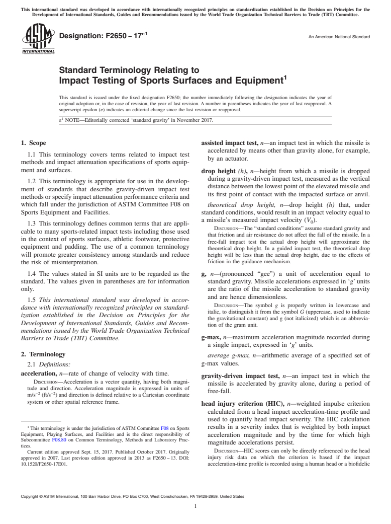 ASTM F2650-17e1 - Standard Terminology Relating to  Impact Testing of Sports Surfaces and Equipment