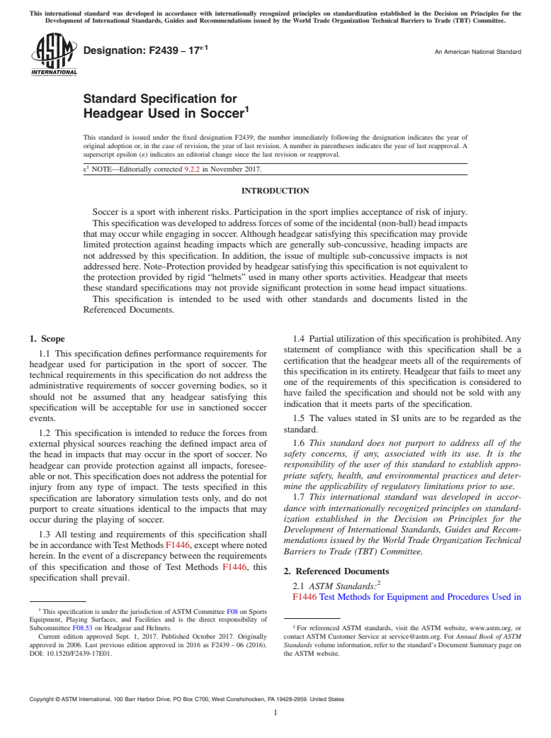 ASTM F2439-17e1 - Standard Specification for Headgear Used in Soccer