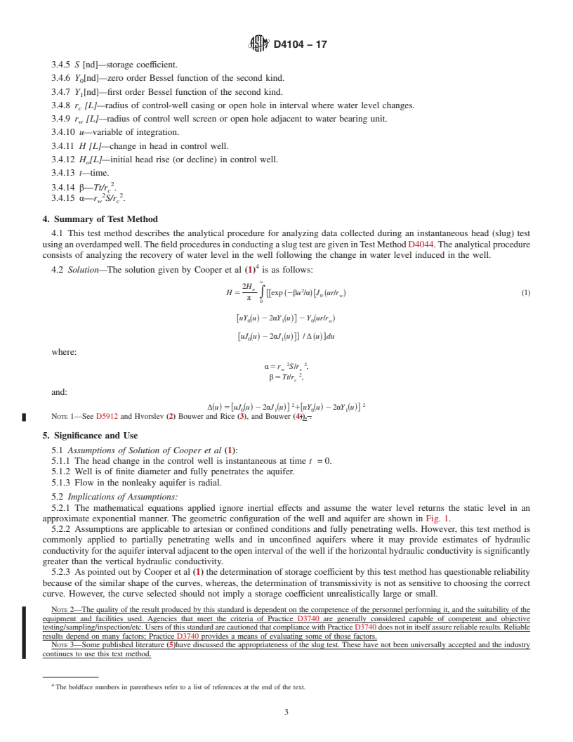 REDLINE ASTM D4104-17 - Standard Test Method  (Analytical Procedure) for Determining Transmissivity of Nonleaky  Confined Aquifers by Overdamped Well Response to Instantaneous Change  in Head (Slug Tests)