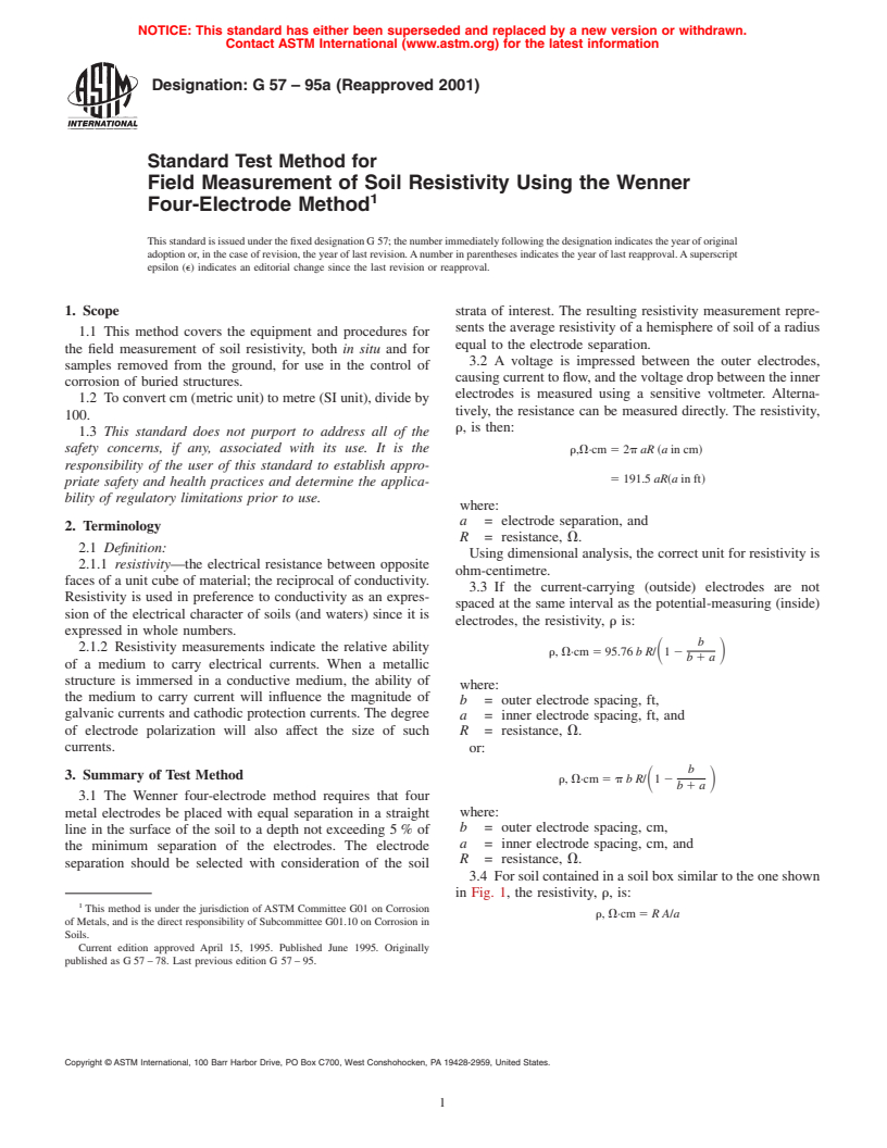 ASTM G57-95a(2001) - Standard Test Method for Field Measurement of Soil Resistivity Using the Wenner Four-Electrode Method