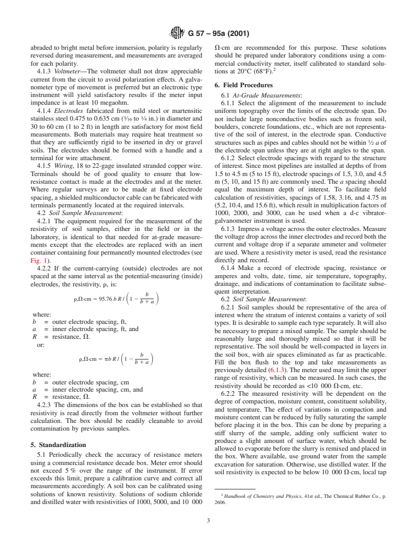 ASTM G57-95a(2001) - Standard Test Method for Field Measurement of Soil Resistivity Using the Wenner Four-Electrode Method