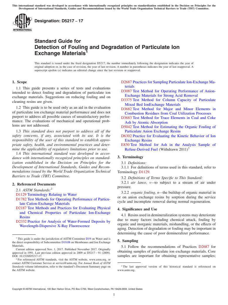 ASTM D5217-17 - Standard Guide for Detection of Fouling and Degradation of Particulate Ion Exchange  Materials