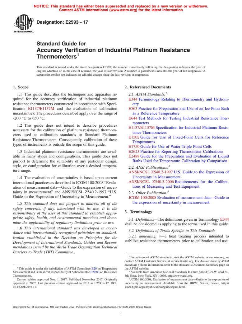 ASTM E2593-17 - Standard Guide for  Accuracy Verification of Industrial Platinum Resistance Thermometers