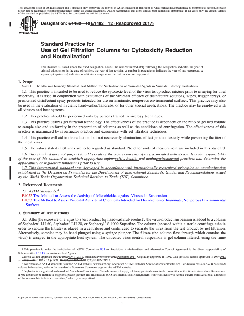 REDLINE ASTM E1482-12(2017) - Standard Practice for  Use of Gel Filtration Columns for Cytotoxicity Reduction and  Neutralization