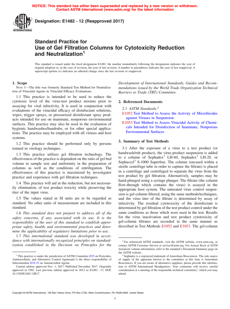 ASTM E1482-12(2017) - Standard Practice for  Use of Gel Filtration Columns for Cytotoxicity Reduction and  Neutralization