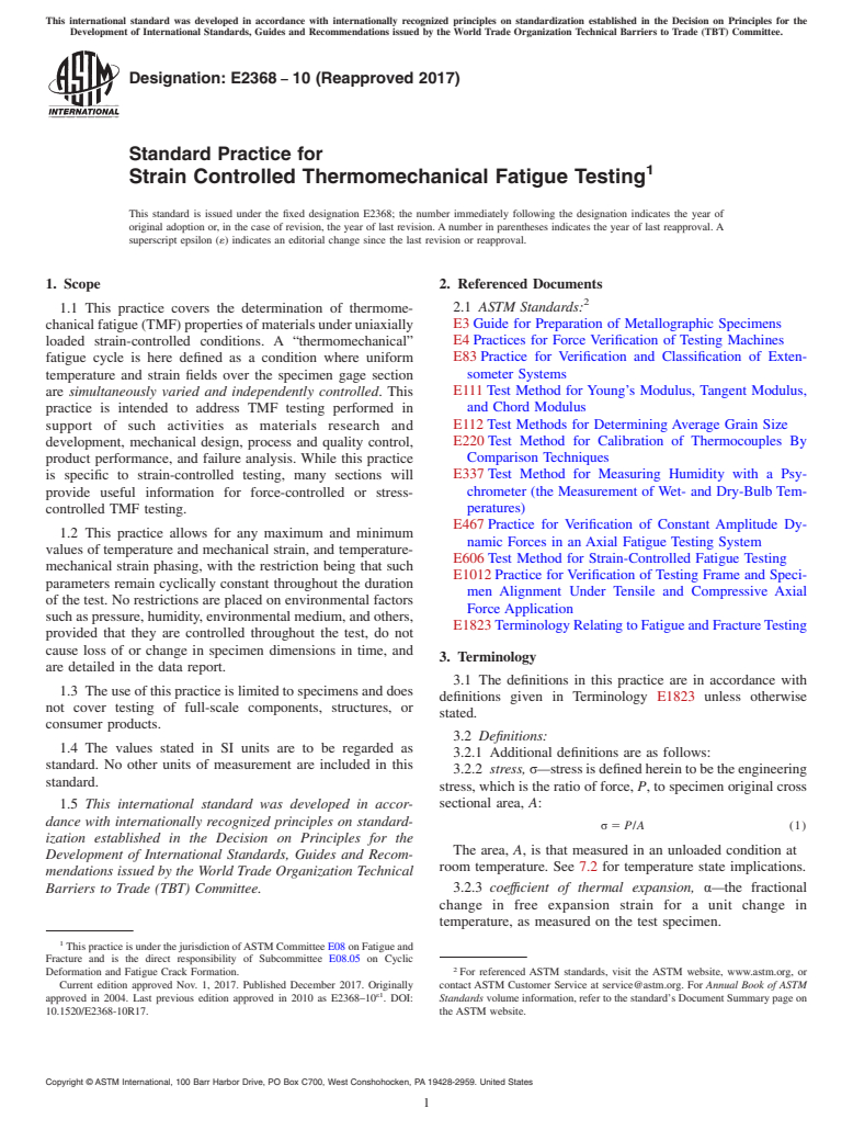 ASTM E2368-10(2017) - Standard Practice for  Strain Controlled Thermomechanical Fatigue Testing