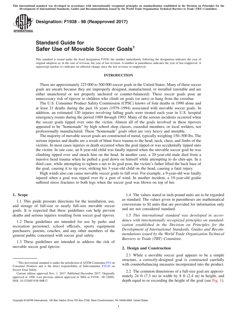 ASTM F1938-98(2017) - Standard Guide for  Safer Use of Movable Soccer Goals